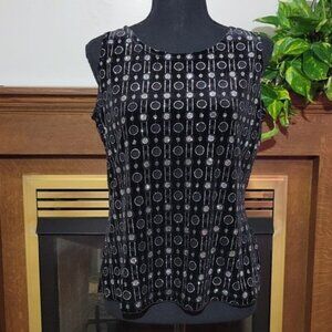 Vintage Notations Black Velvet Tank Top Silver Circle Line Glitter Detail 90s No